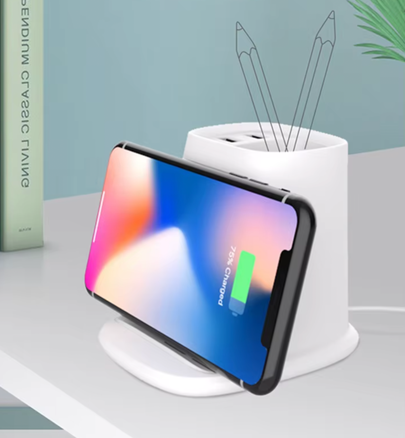 173SP Wireless Charger Pen Holder With Dual USB Charging Ports