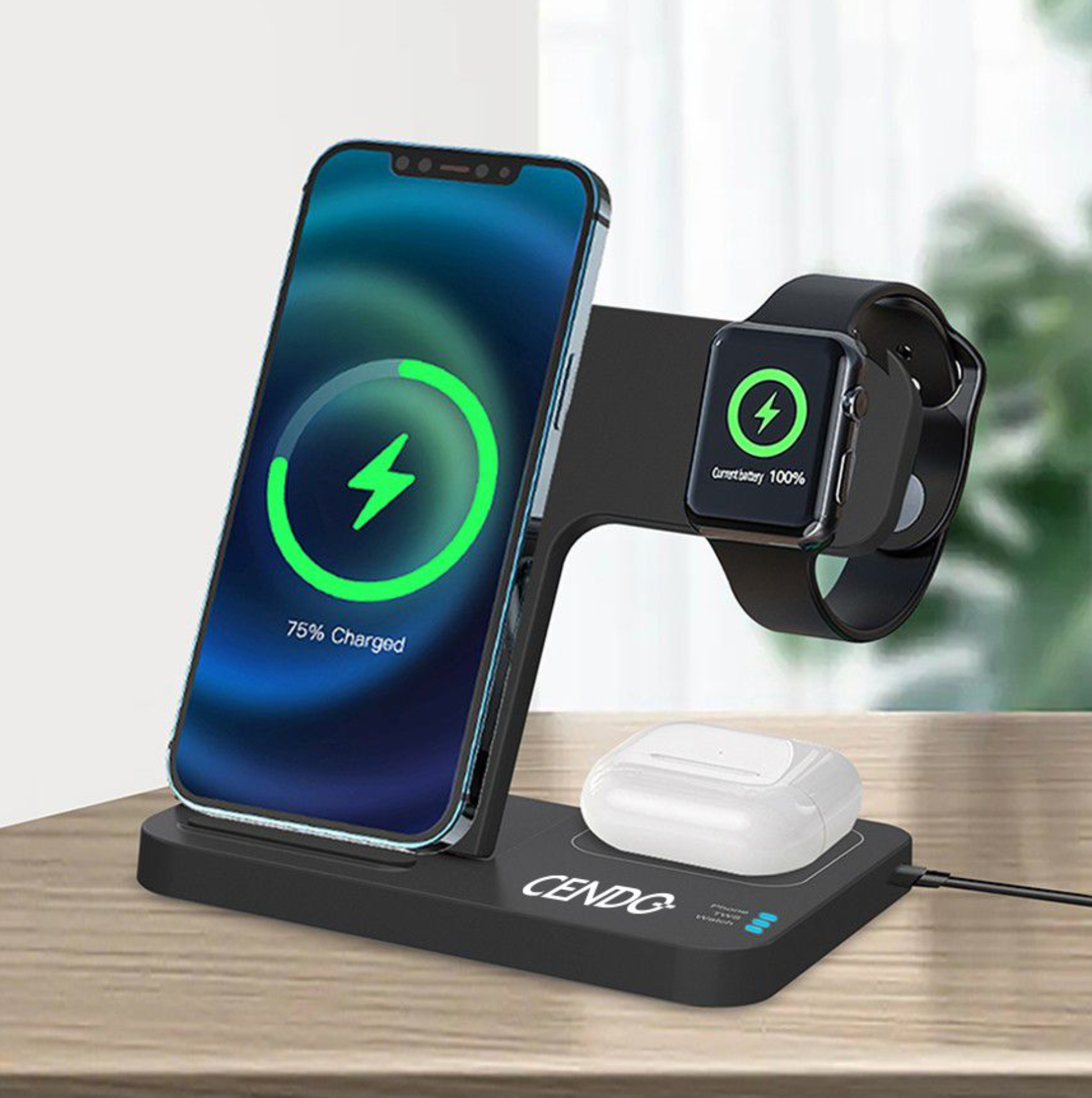 164SP 3-In-1 Foldable 15W Fast Wireless Charging Stand For Cell Phone, Apple Watch, Air Pods